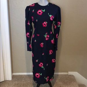 VINTAGE Navy Blue Pink Floral Midi Dress: M/L
